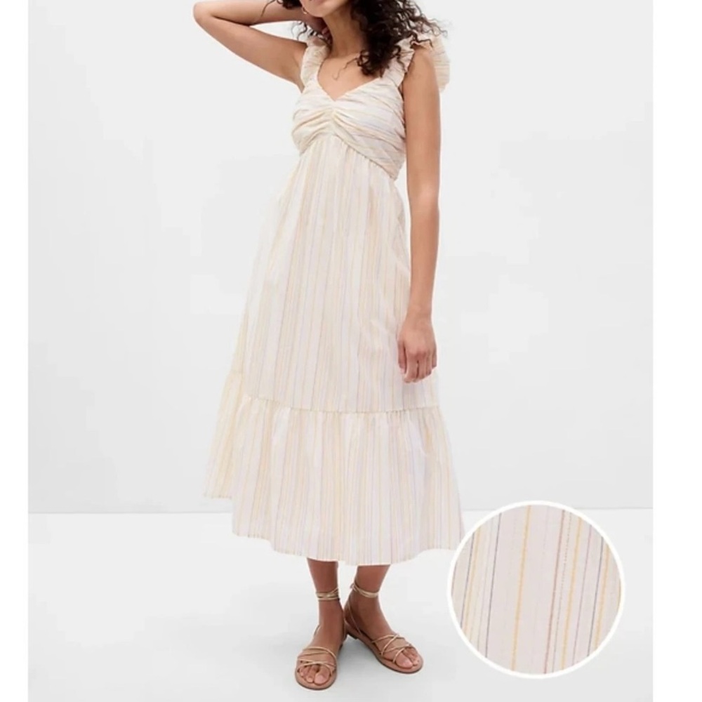 GAP Ruched Tiered‎ Cream & Gold Striped Midi Dress – Size XS